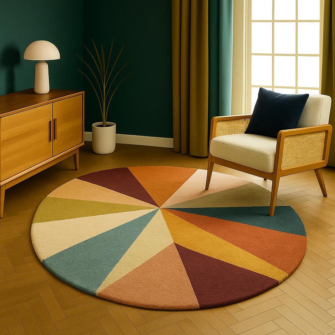 Modern Round Wool Rug – Handmade Geometric Color Wheel Carpet in ...