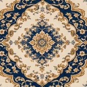 May include: A rug featuring a symmetrical, intricate floral pattern in deep navy blue, cream, and golden tan. The design centers on a large, ornate medallion surrounded by scrolling vines, leaves, and small blossoms, creating a repeating motif.