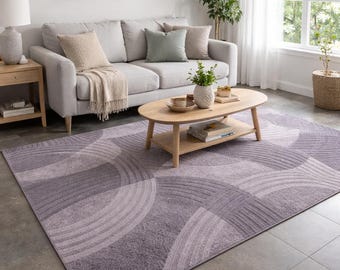 Hand Tufted Modern Abstract Area Rug, Soft Lavender & Grey Geometric Wool Carpet, Contemporary Living Room Bedroom Decor