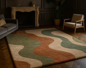 Mid-Century Modern Wool Rug – Handmade Retro Geometric Area Carpet in Olive Green, Terracotta, and Cream Tones, Abstract Wavy Pattern