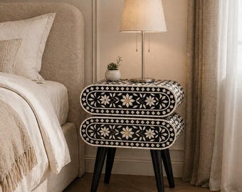 Floral Inlay Nightstand, Black Cream 2 Drawer Bedside Table for Luxury Bedroom Designer Decor