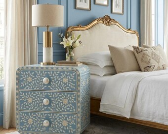 Floral Inlay Nightstand in Blue Cream for Luxury Bedroom, Curved Designer Bedside Cabinet