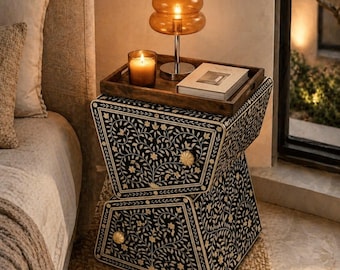 Floral Inlay Nightstand, Black Cream 2 Drawer Bedside Table for Luxury Bedroom Designer Storage