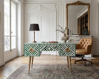 Handcrafted Geometric Inlay Working Desk | Emerald Green Luxury Home Office Furniture