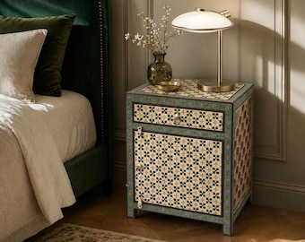 Moroccan Inlay Nightstand, Turquoise Cream Bedside Cabinet for Luxury Bedroom Designer Storage