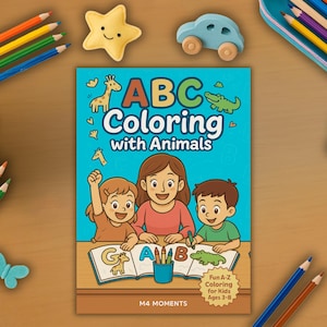 May include: A children's coloring book titled "ABC Coloring with Animals" featuring illustrations of a giraffe and alligator. The cover shows three children coloring. The image includes colorful pencils, a star, a car, and a butterfly.