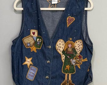 The Quacker Factory Vintage Denim Vest Angel Star Embroidered Blue Large