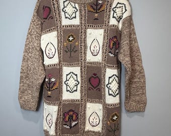 Jennifer Reed Hand Knitted Patchwork Med Sweater Brown Floral Heart cottagecore