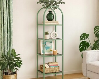 Libreria angolare moderna, espositore in metallo nero con vetro fumé, scaffalatura minimalista industriale, contenitore salvaspazio per la casa