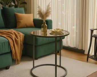 Modern Smoked (Grey) Glass Side Table, Round Black Metal End Table for Living Room, Minimalist Nightstand, Industrial Coffee Table
