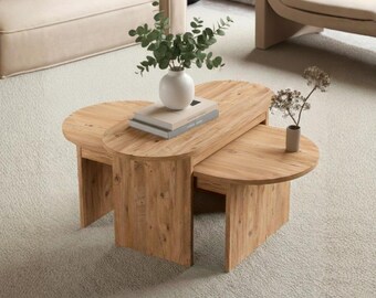 Modern Nesting Coffee Table Set of 2, White Minimalist Center Table, Unique Round Side Table for Living Room, Scandi Style Home Decor Gift