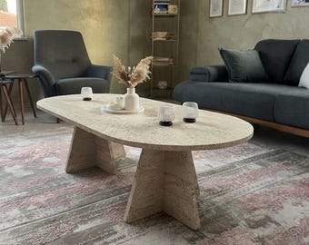 Table basse ovale moderne, table centrale en travertin ou pin de l'Atlantique, décoration minimaliste pour salon, table d'appoint en bois au design élégant