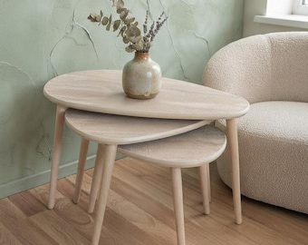 Travertine Oval Nesting Table Set of 3, Space Saving Design, Modern Minimalist Coffee Tables, Aesthetic Living Room Furniture, Unique Accent