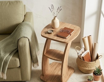 Table d'appoint en forme de C sur roulettes | Table d'appoint rustique en bois pour ordinateur portable | Bureau roulant pour ordinateur portable | Petite table de lit