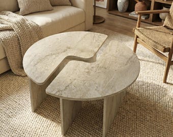 Travertine Nesting Coffee Table Set of 2, Modular Adjustable Center Table for Living Room, Modern Minimalist Round Travertine Tables