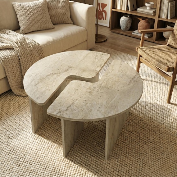 Travertine Nesting Coffee Table Set of 2, Modular Adjustable Center Table for Living Room, Modern Minimalist Round Travertine Tables