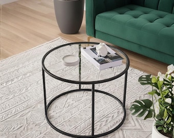 Modern Glass Coffee Table, Smoked (Grey) Glass Coffee Table, Minimalist Round Living Room Furniture, Industrial Metal & Glass Center Table