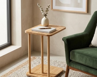 C Table with Wheels, Rolling Sofa Side Table, Wooden Couch Table for Living Room, Mobile Snack Table, Small Modern Accent Table, Oak Finish