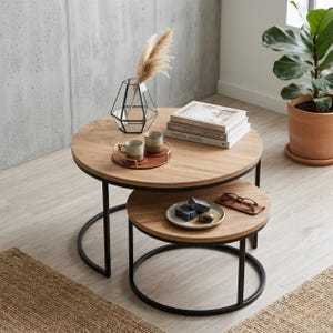 Nesting Coffee Table Set of 2, Round Marble Look Tables, 3-Legged Metal Base, Modern Industrial Living Room Furniture, Small Space Decor