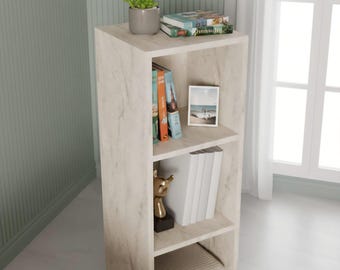 Tavolino laterale con libreria in travertino, libreria moderna, piccola mensola espositiva, tavolino minimalista, supporto contenitore multiuso.