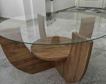 Mesa de centro redonda moderna de cristal de 78 cm con base de madera de dos niveles, mesa de centro minimalista para salón, decoración contemporánea para el hogar.