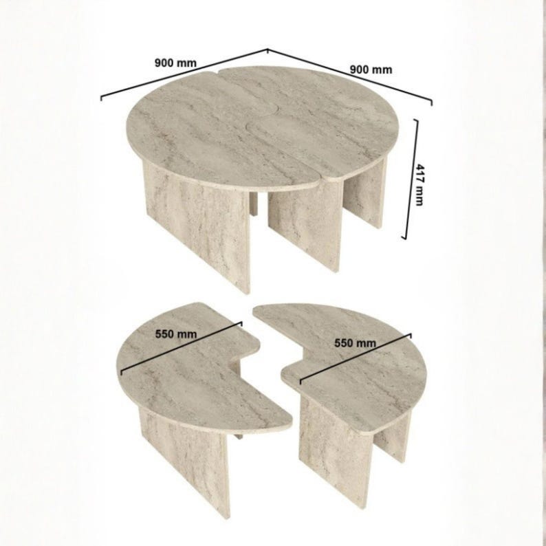 May include: A set of two stone-colored coffee tables. The larger table is round, 35 inches in diameter and 16.4 inches tall. The smaller tables are semi-circular, 21.6 inches wide. All tables have a unique, textured surface.