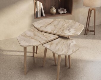 Unique Nesting Coffee Table Set, 3 Piece Wooden Accent Tables, Modern Living Room Furniture, Minimalist Aesthetic Home Decor