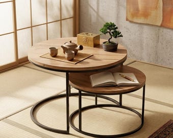 Ensemble de 2 tables basses gigognes rondes aspect marbre, piètement 3 pieds en métal, mobilier de salon style industriel moderne, idéal pour les petits espaces.