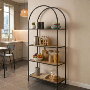 Estantería de cocina arqueada, estación de café de 4 niveles, estantería industrial, soporte moderno para microondas, mueble organizador de despensa