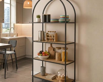 Étagère de cuisine cintrée, station de bar à café à 4 niveaux, étagère de cuisine de style industriel, support pour micro-ondes moderne, mobilier de rangement pour garde-manger