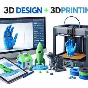 May include: A computer monitor and tablet displaying 3D design software with a blue robotic hand model, alongside a 3D printer creating a blue hand, a green house, a green rocket, a grey dragon figurine, and blue and green filament spools.
