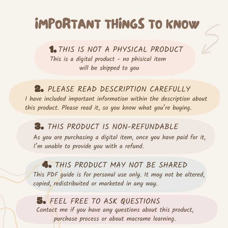 Peut inclure: Graphique beige avec le texte &laquo;&nbsp;IMPORTANT THINGS TO KNOW&nbsp;&raquo; et des points num&eacute;rot&eacute;s concernant un produit num&eacute;rique. Les points incluent des informations sur le produit non physique, la lecture de la description, la non-remboursabilit&eacute; et les restrictions de partage.