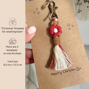 Printable display card template for handmade keychains, A4 sheet with three packaging cards for macrame accessories.