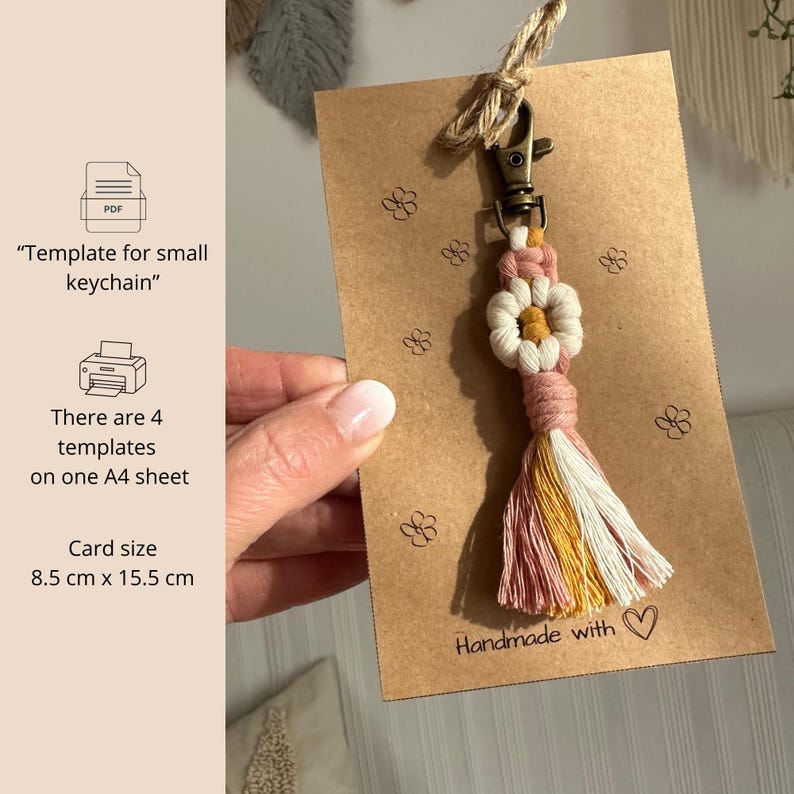 Macrame keychain packaging card template printable PDF, kraft style display card for handmade keychains and small business packaging.