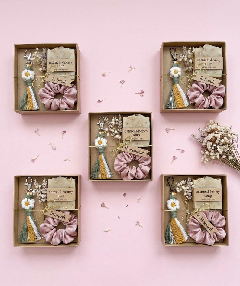 Small handmade macrame daisy keychain in a gift box for a bridesmaid proposal,