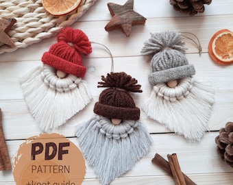 Macrame kabouter pdf-tutorial, digitale doe-het-kerstman, Scandinavisch decor, handgemaakte kabouters kerstboomornament doe-het-zelf