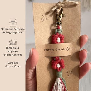 Boho keychain holder card template for macrame daisy keychains, printable packaging design for handmade product display.