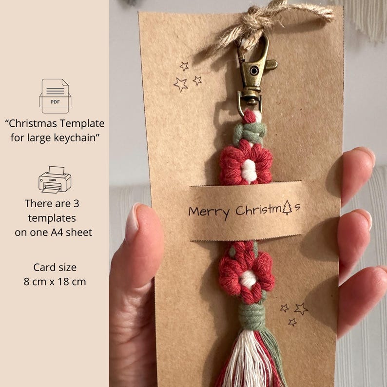 Boho keychain holder card template for macrame daisy keychains, printable packaging design for handmade product display.