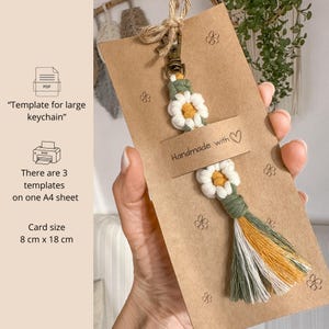 Printable keychain display card template for macrame keychains, A4 packaging design with three cards per sheet for handmade product presentation.