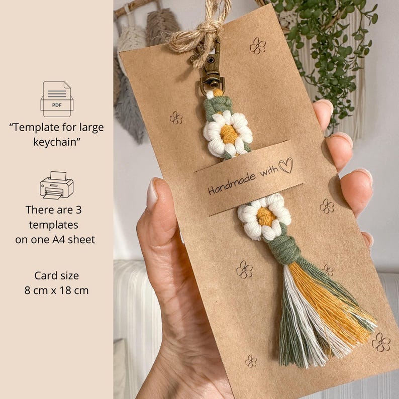 Printable keychain display card template for macrame keychains, A4 packaging design with three cards per sheet for handmade product presentation.