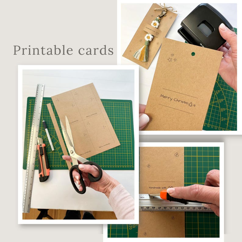 Macrame keychain packaging template for home crafters, printable display card for handmade boho keychains.