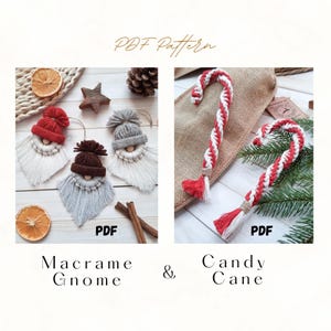 Puede incluir: La imagen presenta adornos de gnomos de macramé con sombreros rojos, grises y marrones, y barbas blancas. También se muestran bastones de caramelo de macramé con rayas rojas y blancas. El texto "PDF Pattern" y "Macrame Gnome & Candy Cane" son visibles.