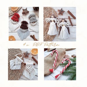 Puede incluir: Un collage de adornos navideños hechos a mano. Los adornos incluyen figuras de gnomos con sombreros rojos, grises y marrones, figuras de ángeles, diseños de macramé y decoraciones de bastones de caramelo. El texto "4x PDF Pattern" es visible.