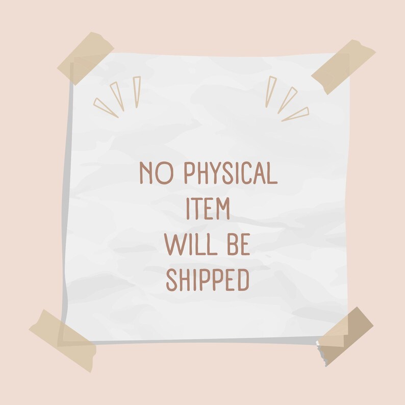 May include: A white, crumpled paper note with the text "NO PHYSICAL ITEM WILL BE SHIPPED" in brown font, secured with tan tape. The background is a light peach color, with decorative lines above the text.