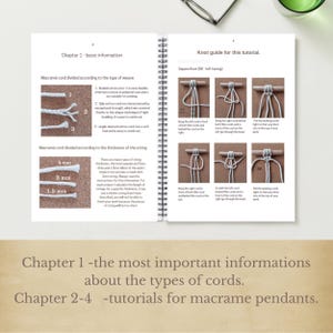 May include: Open spiral-bound book with macram&eacute; cord information and knotting tutorials. The pages display diagrams and text about cord types and thicknesses, including 5 mm, 3 mm, and 1.5 mm options. Text at the bottom reads: "Chapter 1 -the most important informations about the types of cords."