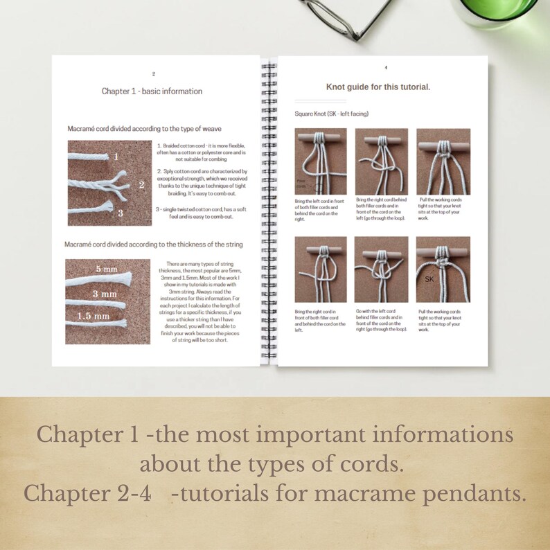 May include: Open spiral-bound book with macram&eacute; cord information and knotting tutorials. The pages display diagrams and text about cord types and thicknesses, including 5 mm, 3 mm, and 1.5 mm options. Text at the bottom reads: "Chapter 1 -the most important informations about the types of cords."