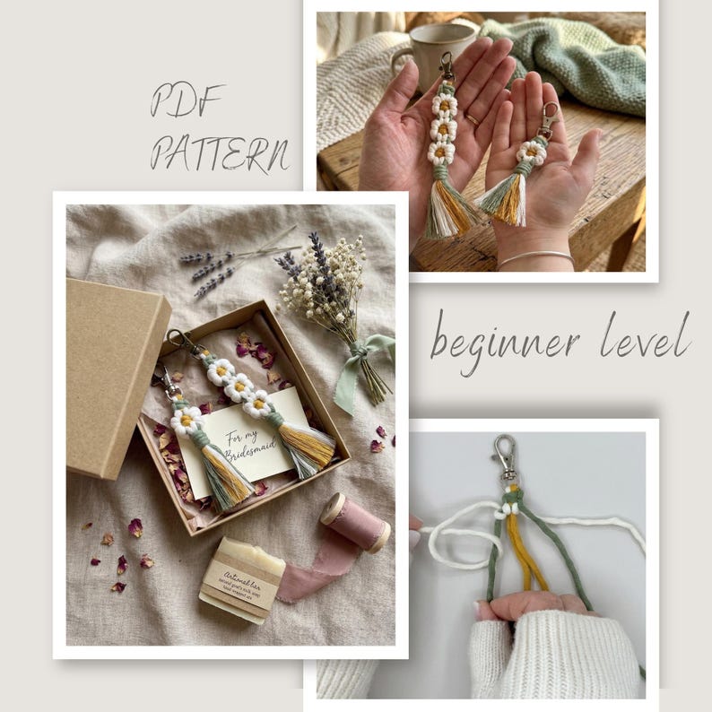 Boho style handmade macrame daisy keychain in a bridesmaid proposal gift box with “For my Bridesmaid” card, decorated with dried flowers and lavender on a natural linen background. Photo instruction on how to make flower keychain. Two keychainds in mother and children's hands.