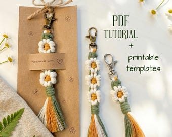 pdf-handleiding macramé madeliefje sleutelhanger + afdrukbare sjablonen | DIY-sleutelhangerpatroon bloemen | Macramégids voor beginners