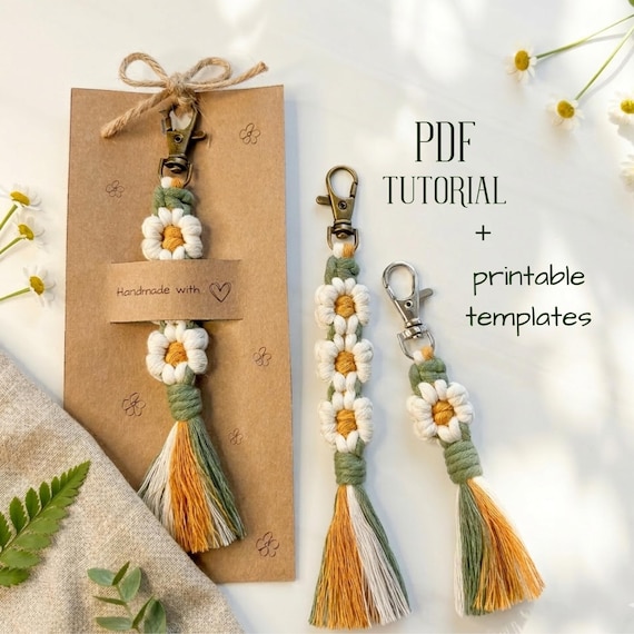 PDF Macrame Daisy Keychain Tutorial + Printable Templates | DIY Flower Keyring Pattern | Beginner Macrame Guide