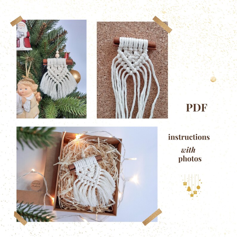 May include: White macrame Christmas ornament with a cinnamon stick accent, displayed on a Christmas tree, a corkboard, and in a gift box. The image includes the text "PDF instructions with photos".